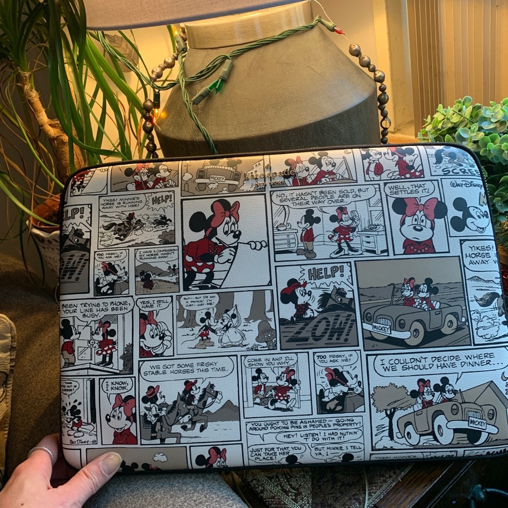 Authentic KATE SPADE Saffiano/leather trim Disney print zip around laptop sleeve
